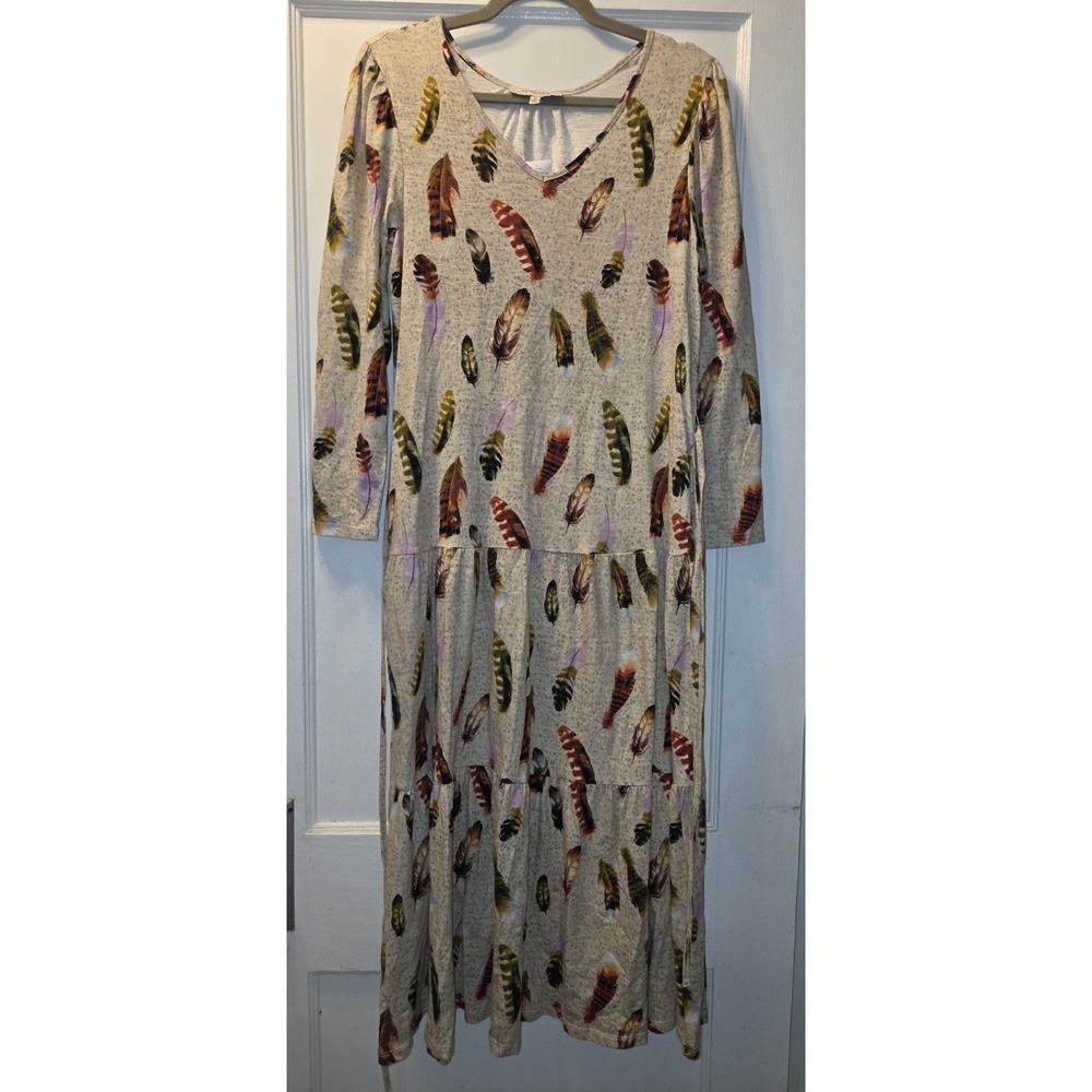 Astrologie Womens Multicolor Feather Print 3/4 Sleeve Round Neck A-Line Dress M